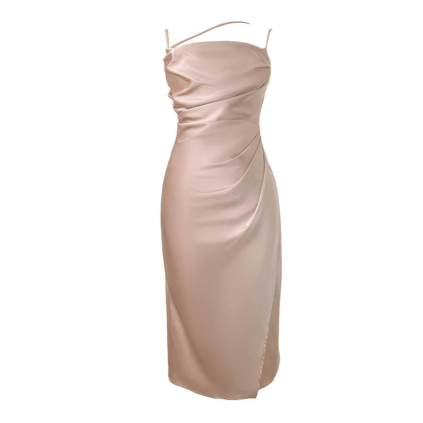Ruffled Asymmetrical Satin Slip Dress