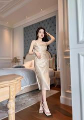 Ruffled Asymmetrical Satin Slip Dress