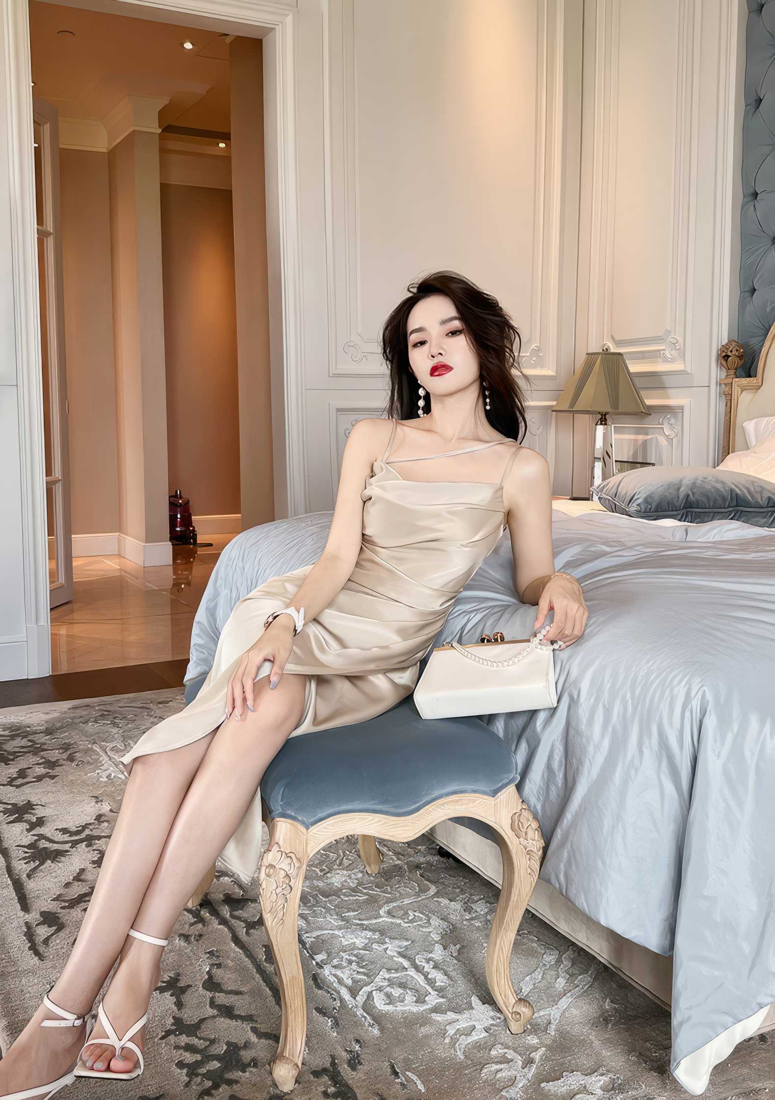 Ruffled Asymmetrical Satin Slip Dress