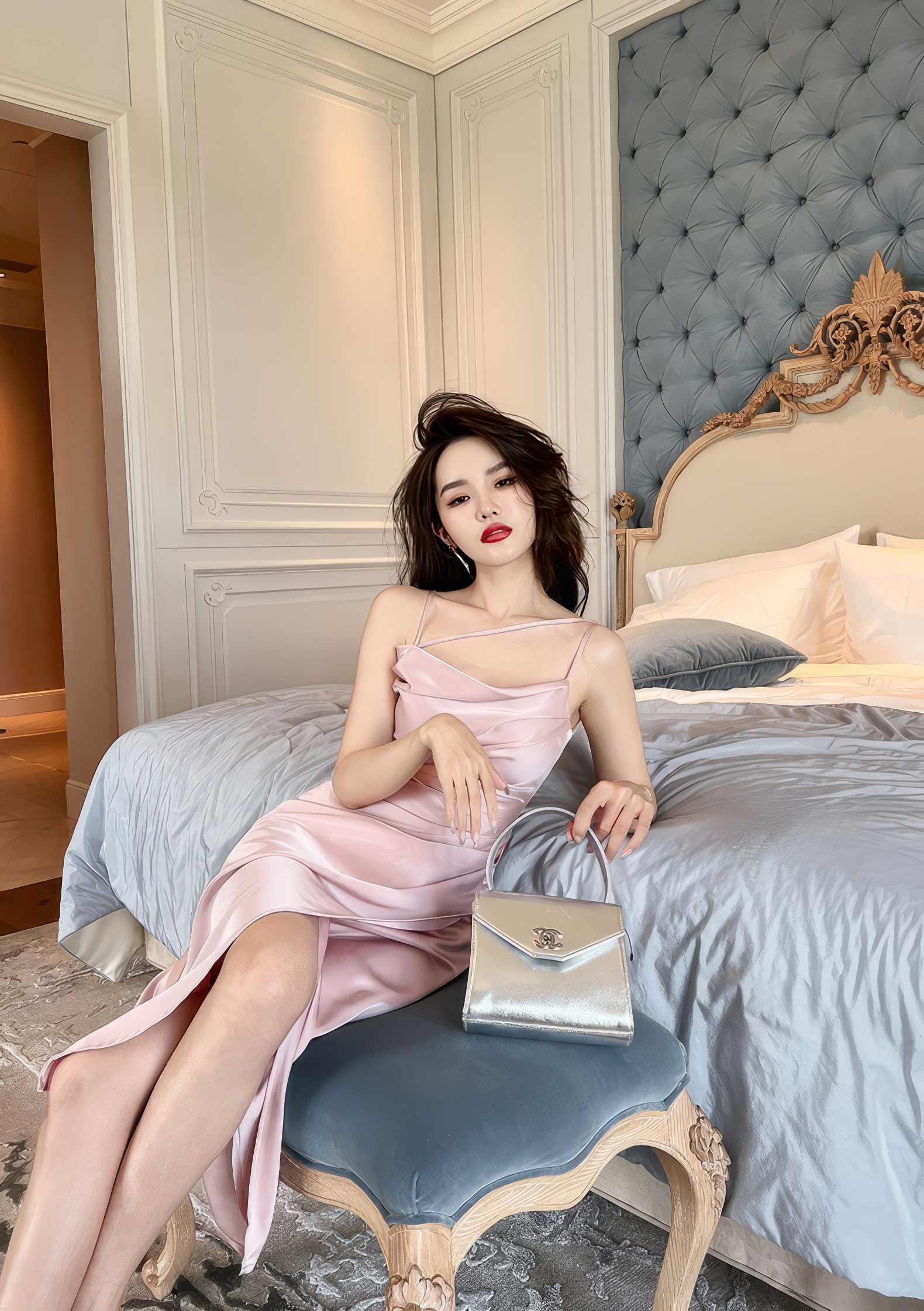 Ruffled Asymmetrical Satin Slip Dress