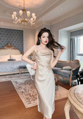 Ruffled Asymmetrical Satin Slip Dress S / Moccasin