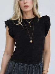 Ruffled Crew Neck Slim Fit Top Black / S