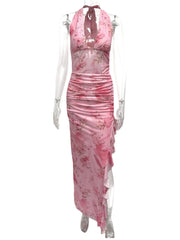 Ruffled Floral Print Halter Neck Cami Dress