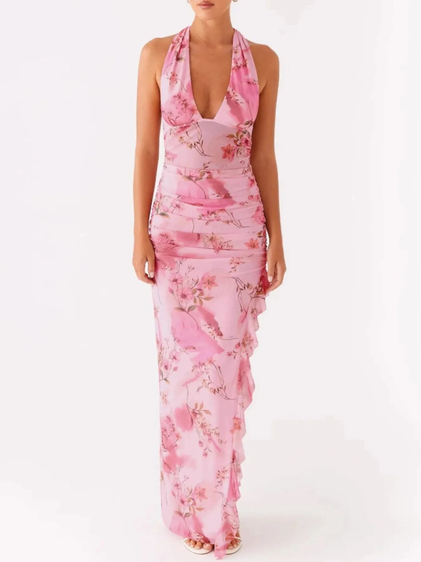 Ruffled Floral Print Halter Neck Cami Dress