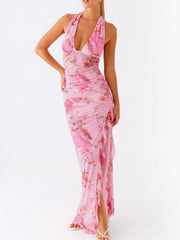 Ruffled Floral Print Halter Neck Cami Dress Pink / S