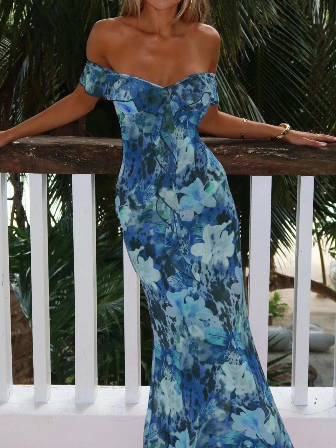 Ruffled Floral Print Maxi Dress