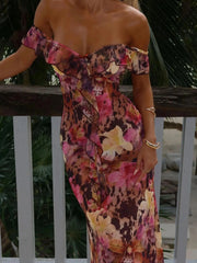 Ruffled Floral Print Maxi Dress Red / XXS