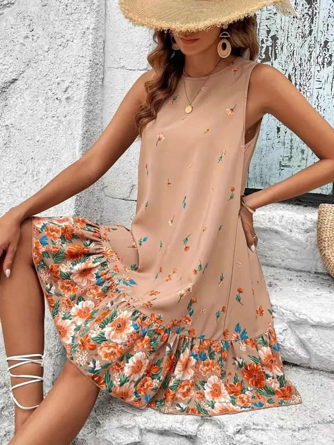 Ruffled Hem Floral Sleeveless Mini Tank Dress Tan / S