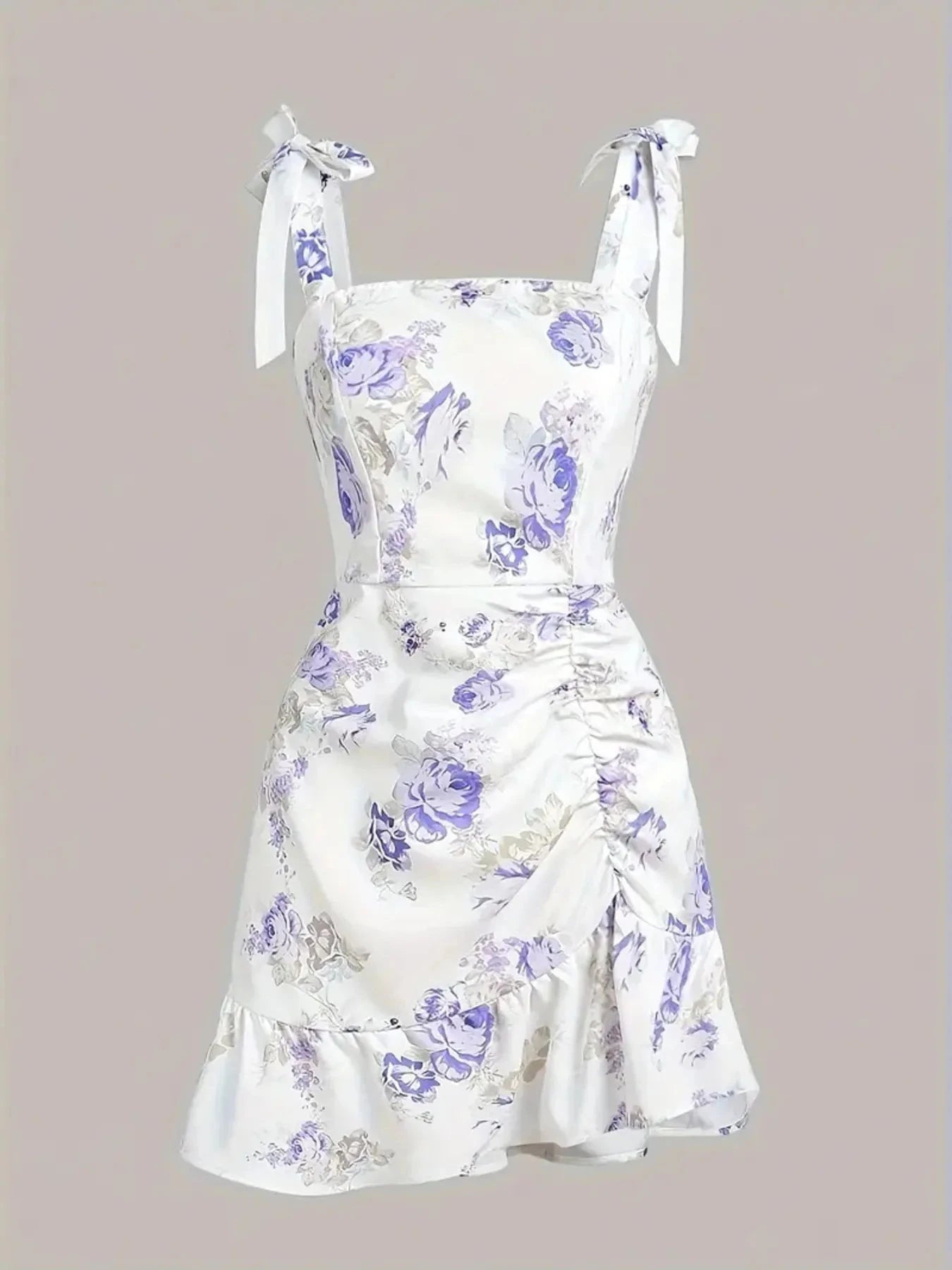 Ruffled Hem Floral Tie-Strap Mini Dress Blue Purple / XS