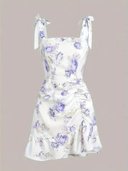 Ruffled Hem Floral Tie-Strap Mini Dress Blue Purple / XS