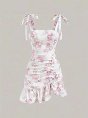 Ruffled Hem Floral Tie-Strap Mini Dress Blush Pink / XS