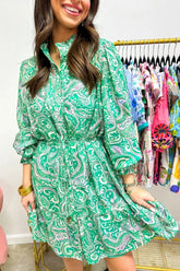 Ruffled Hem Long Sleeve Shirt Dress Green / S