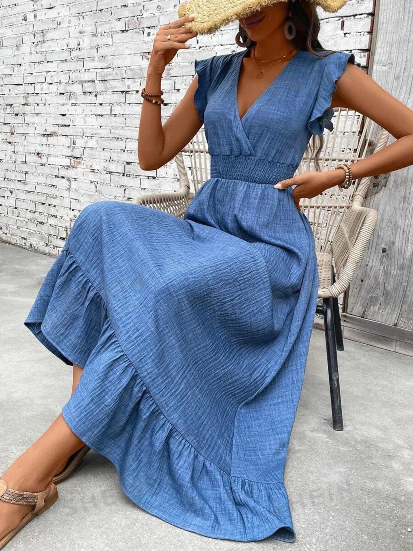 Ruffled Hem Surplice Midi Dress
