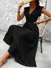 Ruffled Hem Surplice Midi Dress Black / S