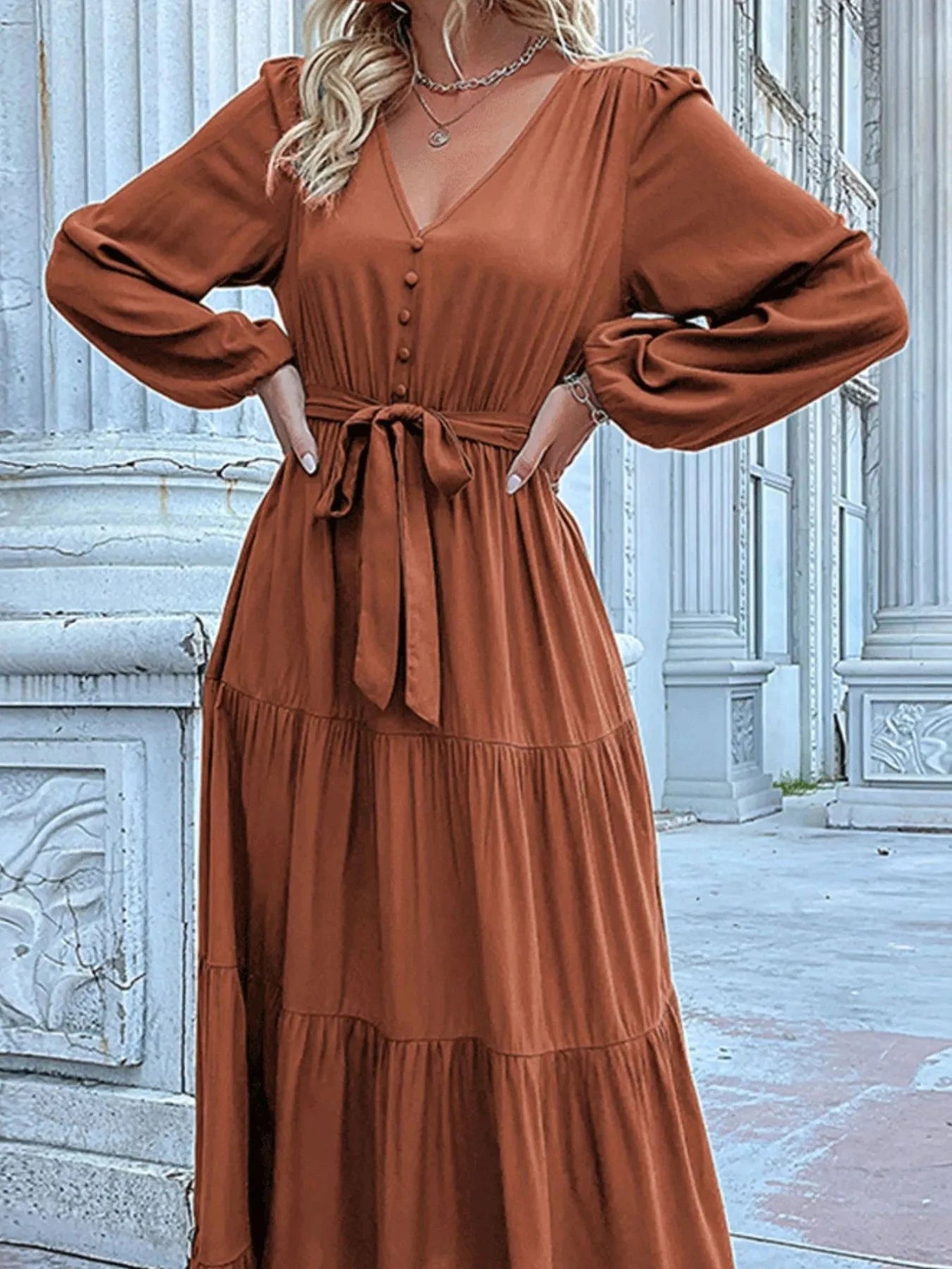 Ruffled Hem V-Neck Balloon Sleeve Dress