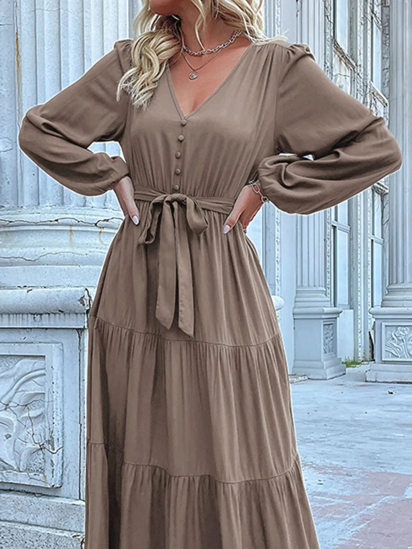 Ruffled Hem V-Neck Balloon Sleeve Dress
