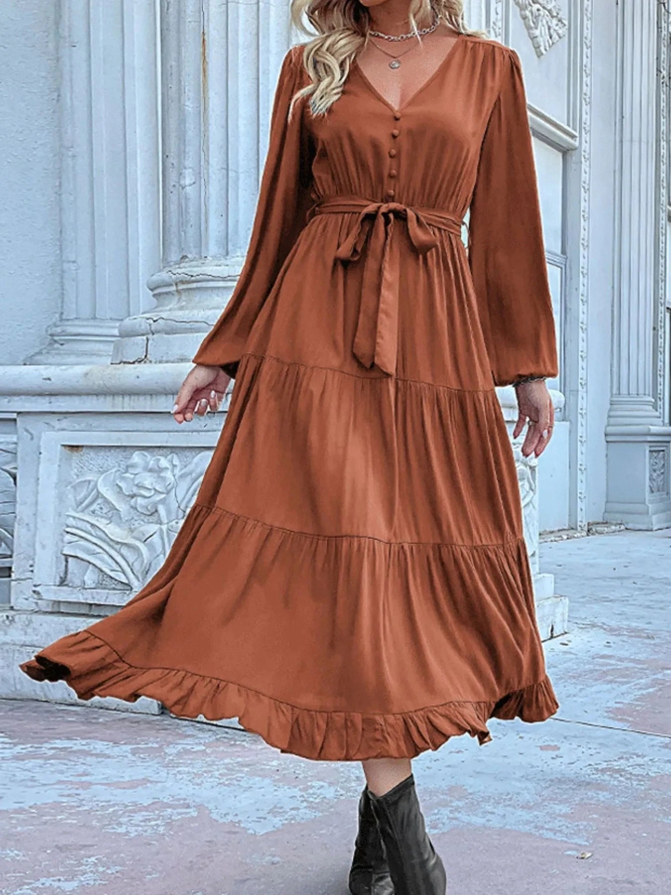 Ruffled Hem V-Neck Balloon Sleeve Dress