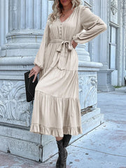 Ruffled Hem V-Neck Balloon Sleeve Dress