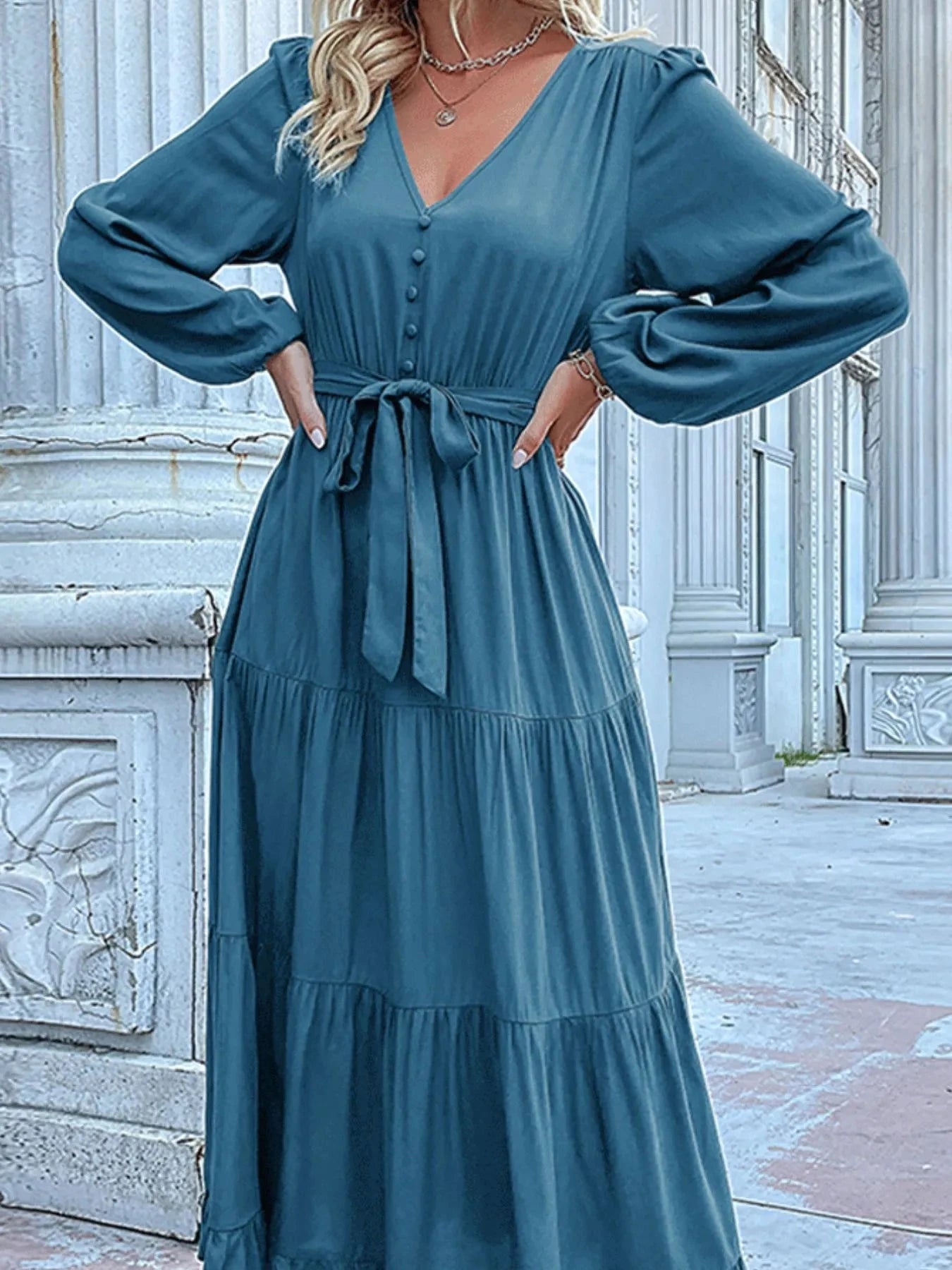 Ruffled Hem V-Neck Balloon Sleeve Dress