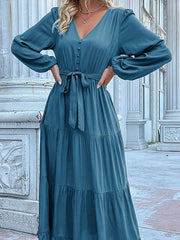 Ruffled Hem V-Neck Balloon Sleeve Dress