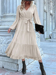 Ruffled Hem V-Neck Balloon Sleeve Dress