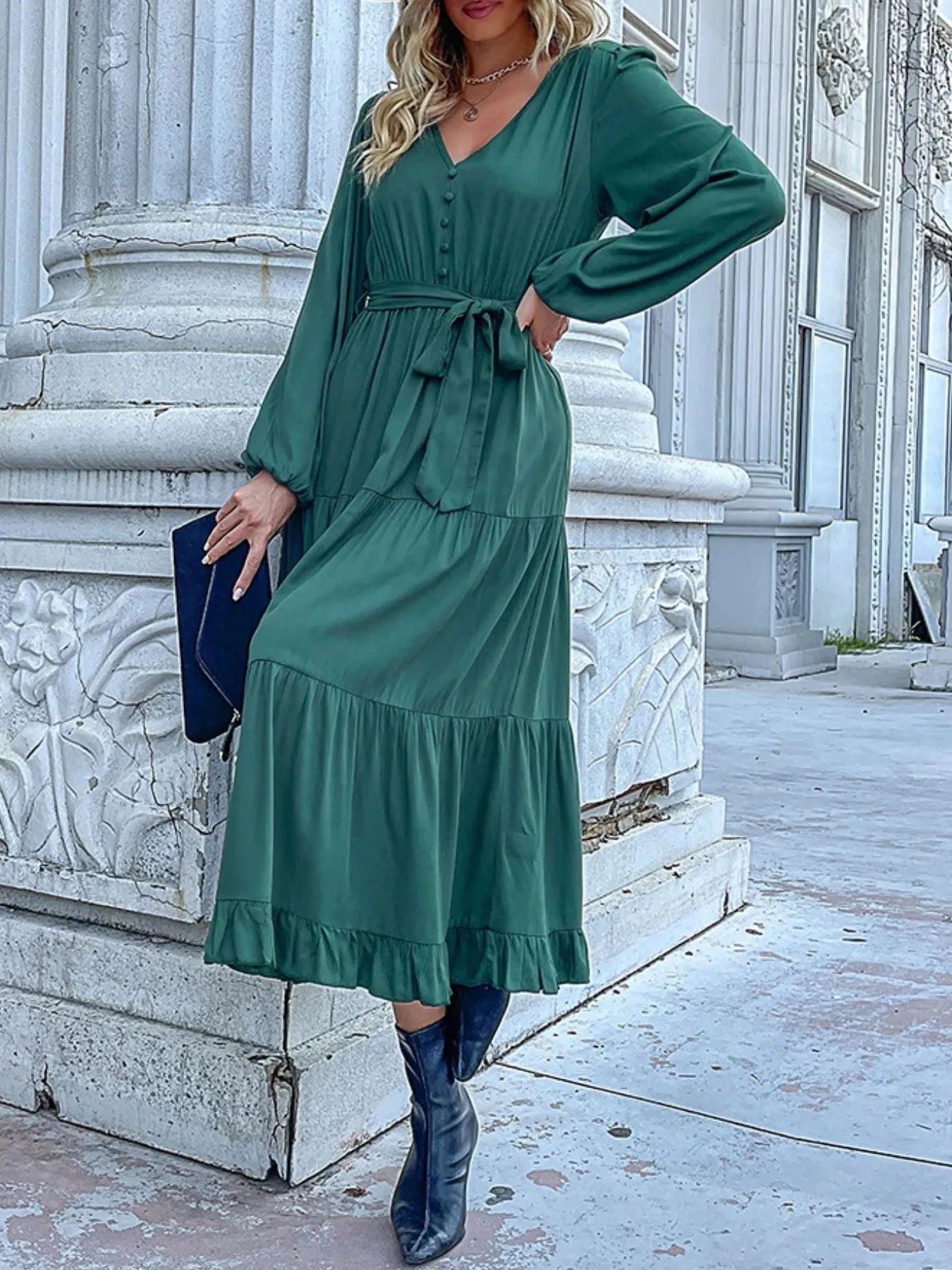 Ruffled Hem V-Neck Balloon Sleeve Dress