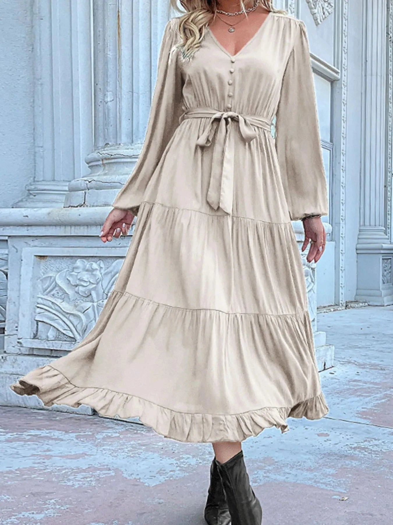 Ruffled Hem V-Neck Balloon Sleeve Dress