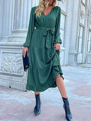Ruffled Hem V-Neck Balloon Sleeve Dress