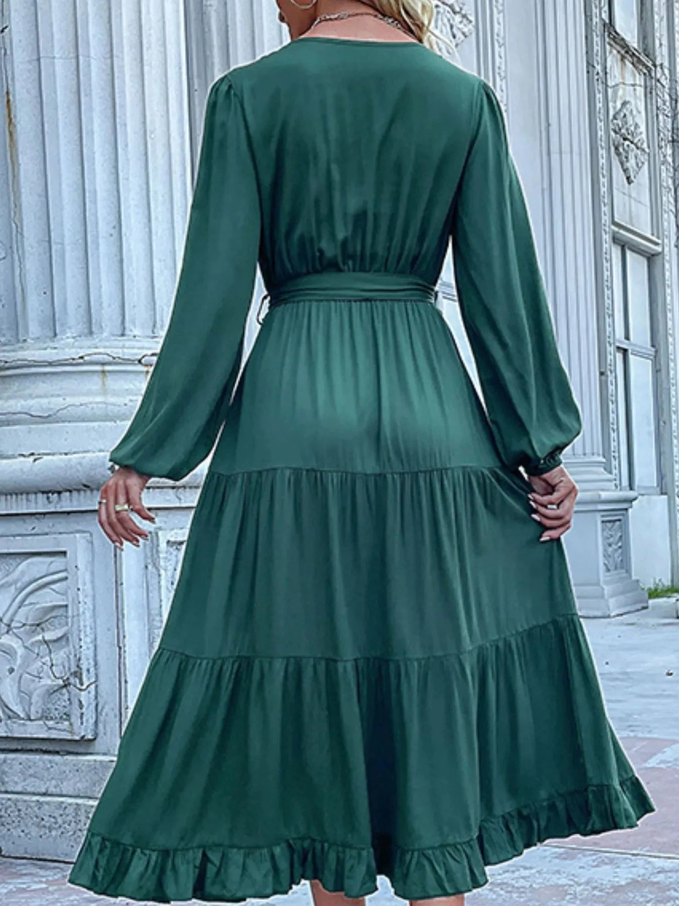 Ruffled Hem V-Neck Balloon Sleeve Dress