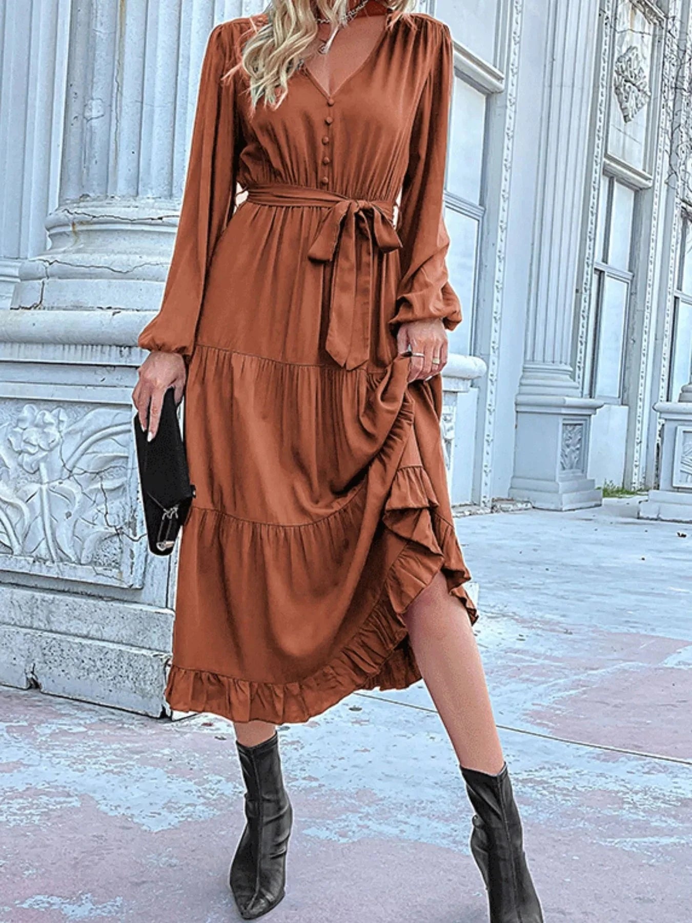Ruffled Hem V-Neck Balloon Sleeve Dress