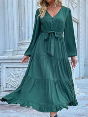 Ruffled Hem V-Neck Balloon Sleeve Dress