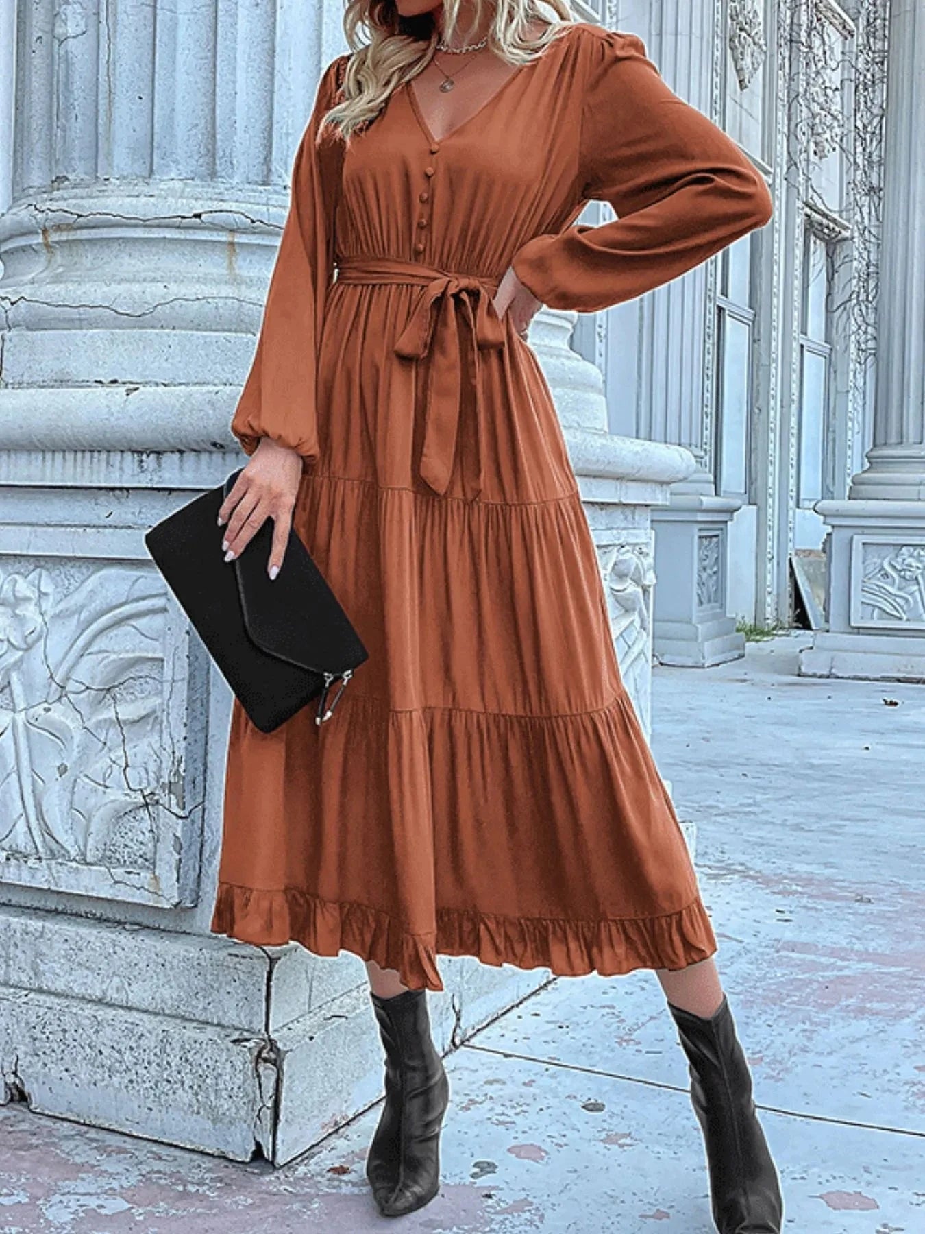 Ruffled Hem V-Neck Balloon Sleeve Dress Caramel / S