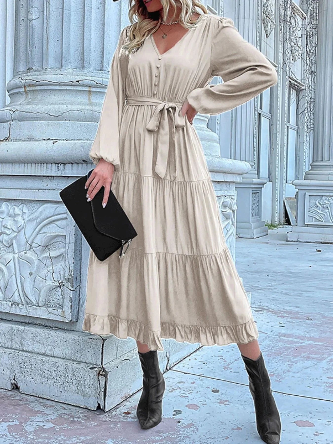 Ruffled Hem V-Neck Balloon Sleeve Dress Cream / S