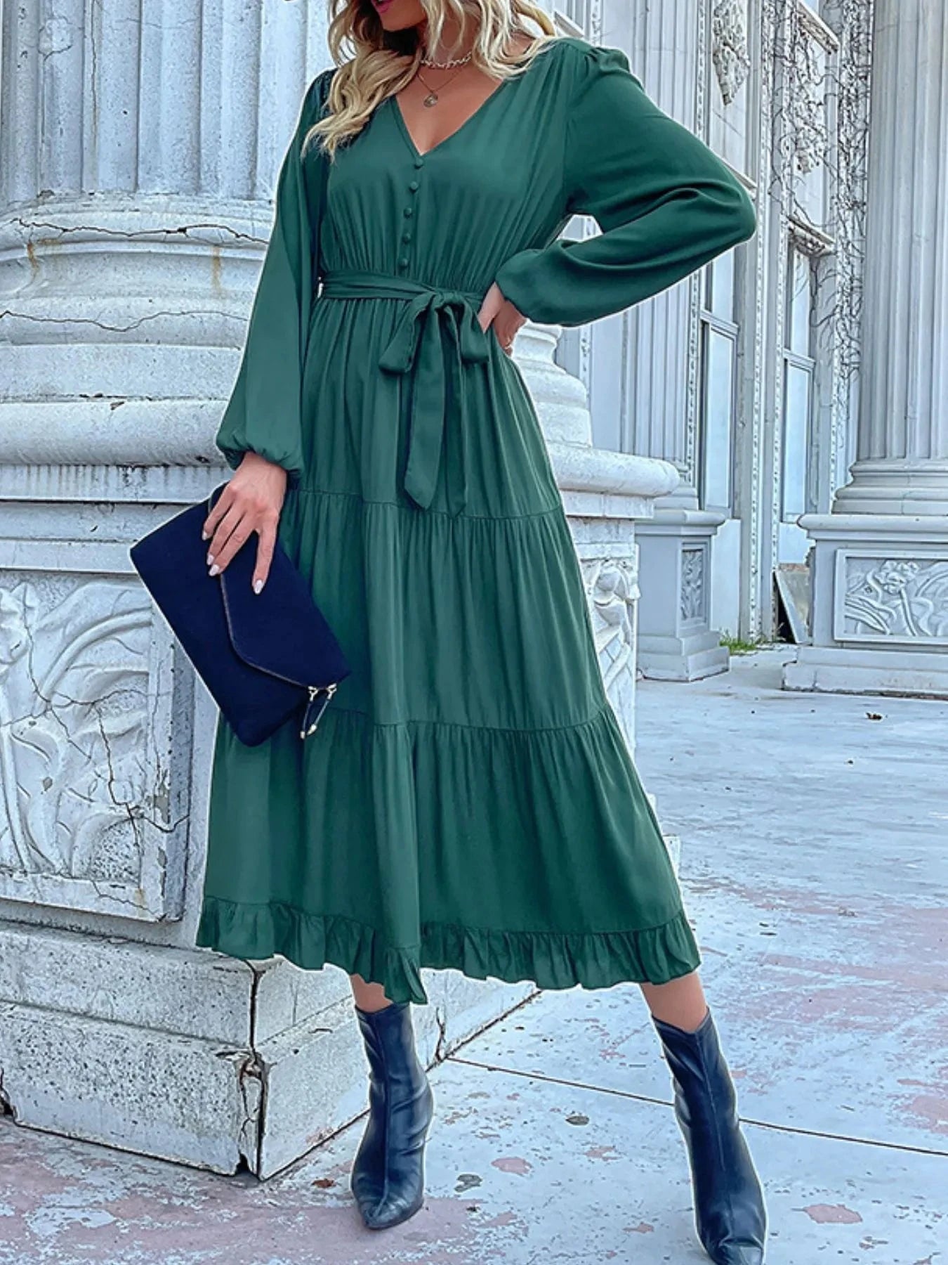 Ruffled Hem V-Neck Balloon Sleeve Dress Dark Green / S