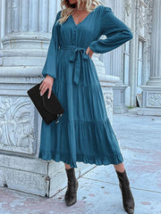 Ruffled Hem V-Neck Balloon Sleeve Dress French Blue / S