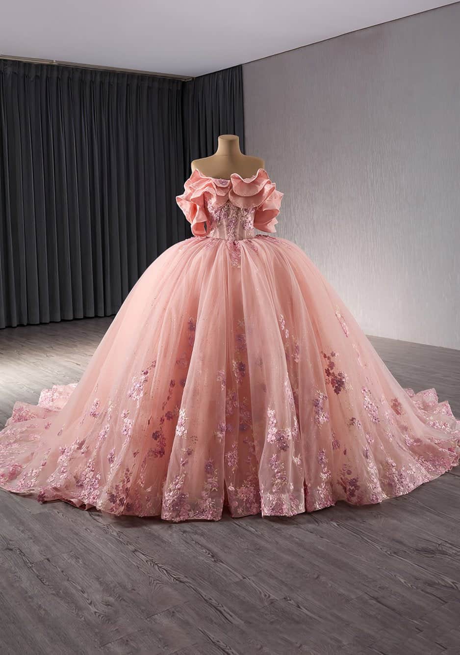 Ruffled Layered Offshoulder Pink Floral Quinceañera Ball Dress - M9N0O US 2 / Pink