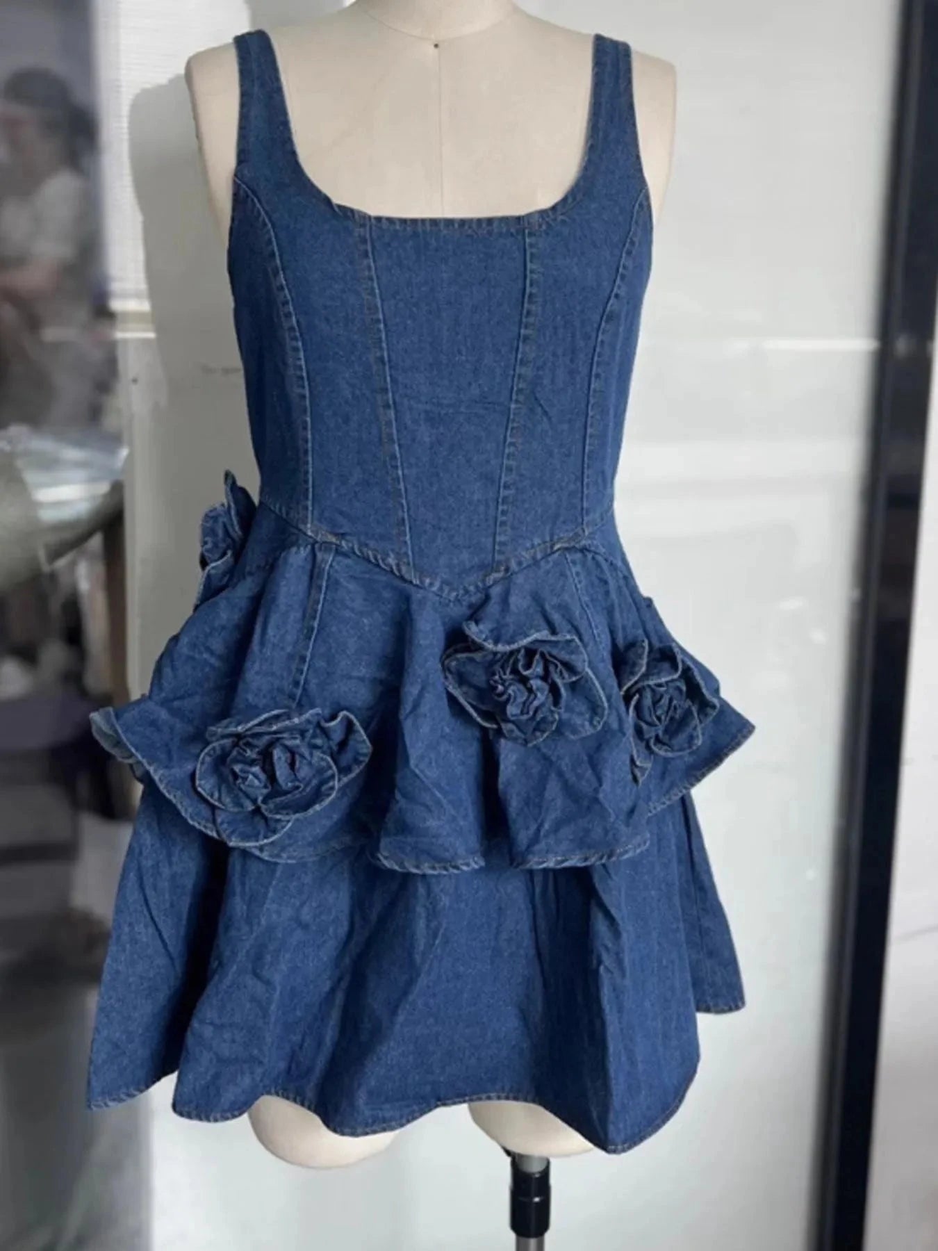 Ruffled Layered Scoop Neck Denim Dress