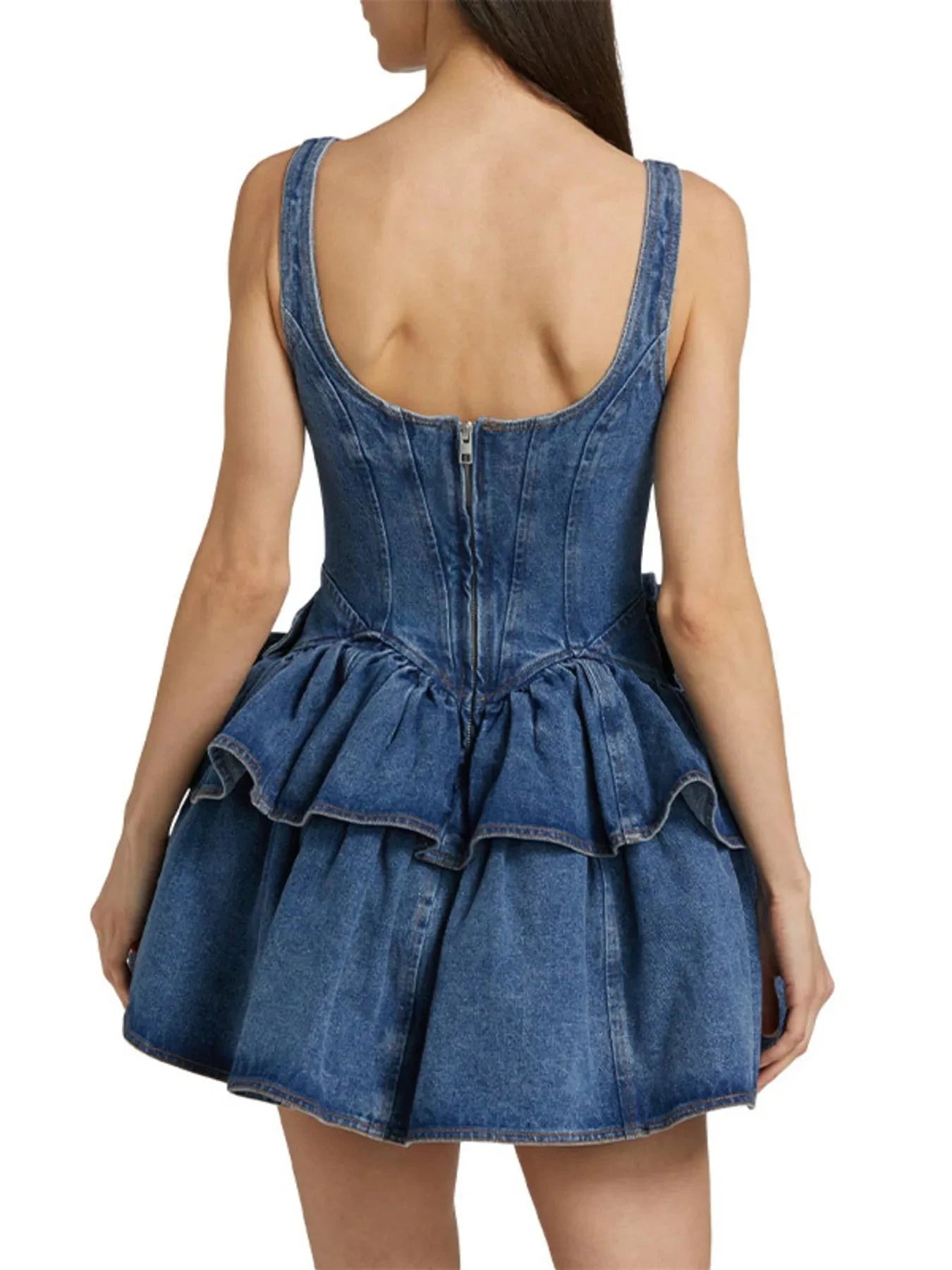 Ruffled Layered Scoop Neck Denim Dress