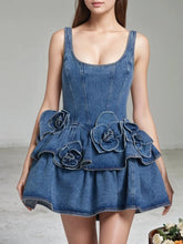 Ruffled Layered Scoop Neck Denim Dress Navy / S