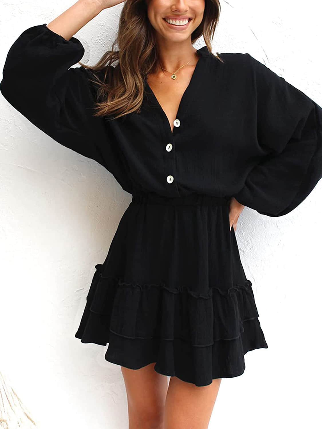 Ruffled Notched Balloon Sleeve Mini Dress Black / S