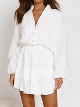 Ruffled Notched Balloon Sleeve Mini Dress White / S