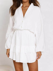 Ruffled Notched Balloon Sleeve Mini Dress White / S