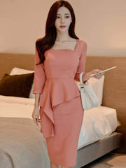 Ruffled Peplum Column Midi Dress S / LightCoral