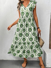 Ruffled Printed V-Neck Cap Sleeve Dress