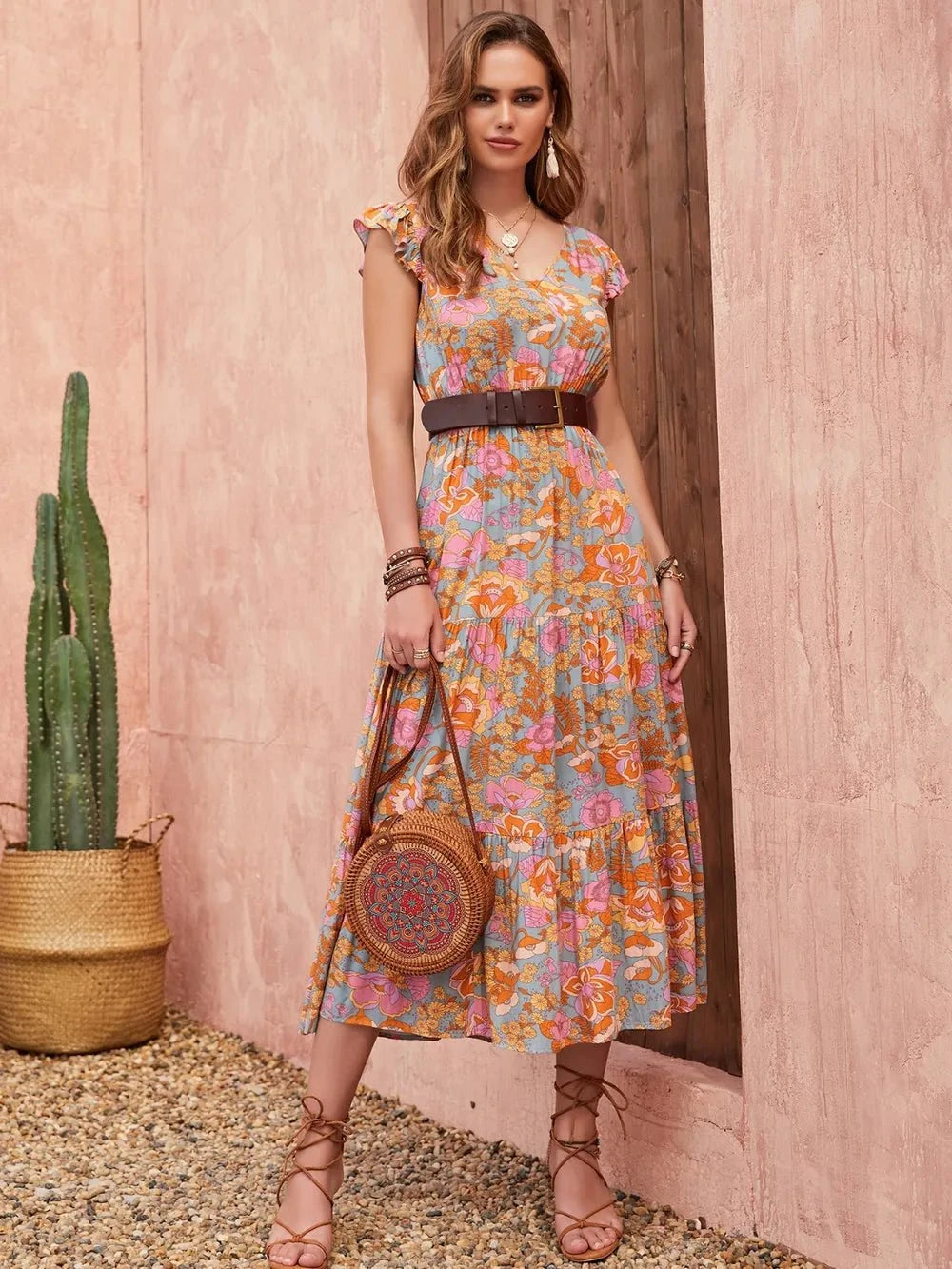 Ruffled Printed V-Neck Cap Sleeve Tiered Dress Multicolor / S