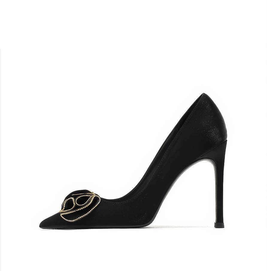 Ruffled Rhinestone Embellished Suede Court Heels