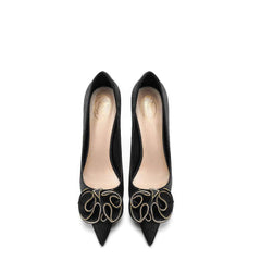 Ruffled Rhinestone Embellished Suede Court Heels