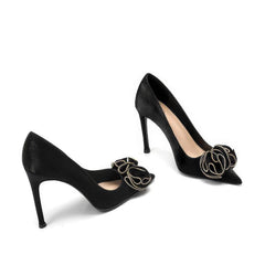 Ruffled Rhinestone Embellished Suede Court Heels