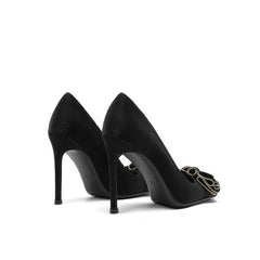 Ruffled Rhinestone Embellished Suede Court Heels