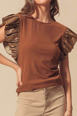 Ruffled Round Neck Cap Sleeve Blouse Brown / S